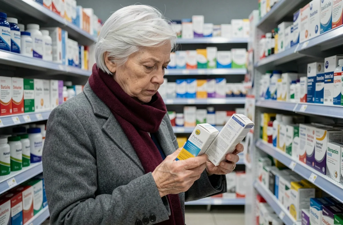 Femme âgée en pharmacie comparant des compléments alimentaires pour éviter les carences cachées liées à l'âge