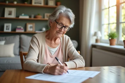 Femme agee lisant un questionnaire d'activites quotidiennes
