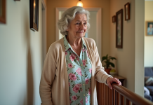 Femme agee dans un salon chaleureux avec photos de famille