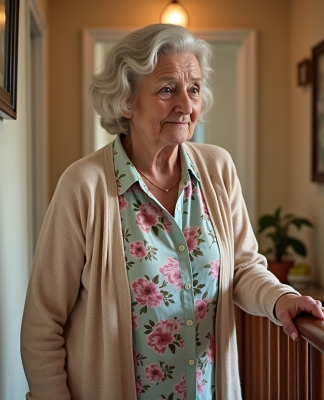 Femme agee dans un salon chaleureux avec photos de famille
