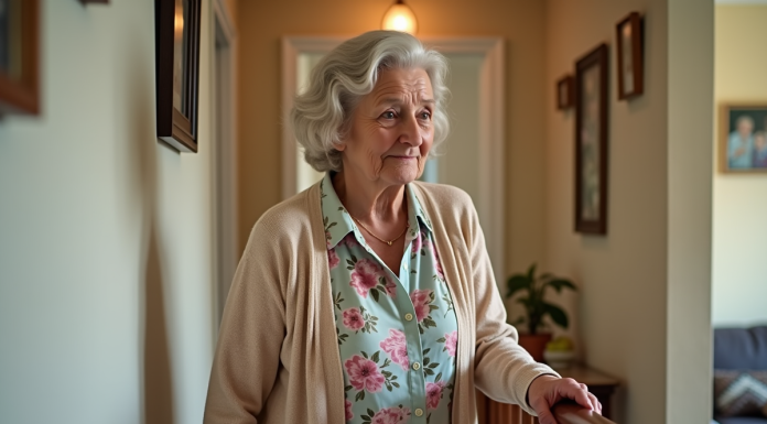 Femme agee dans un salon chaleureux avec photos de famille