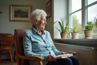 Femme agee assise dans un salon d'ehpad avec sourire doux