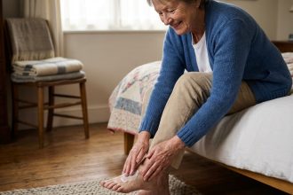Femme agee souriante appliquant une creme sur ses pieds