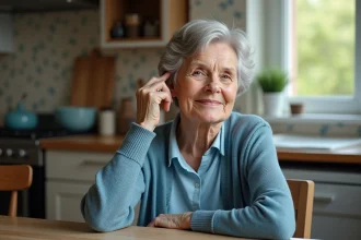 Femme âgée avec aide auditive dans une cuisine chaleureuse