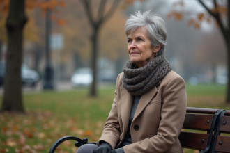 Femme assise sur un banc en automne dans un parc