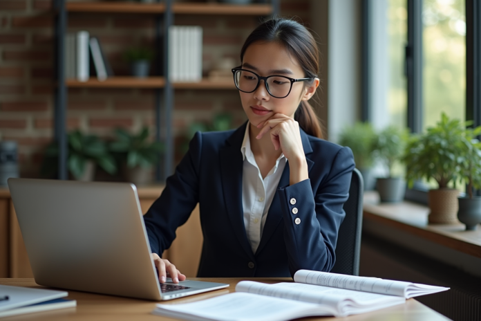 Jeune femme concentrée en bureau avec documents et ordinateur