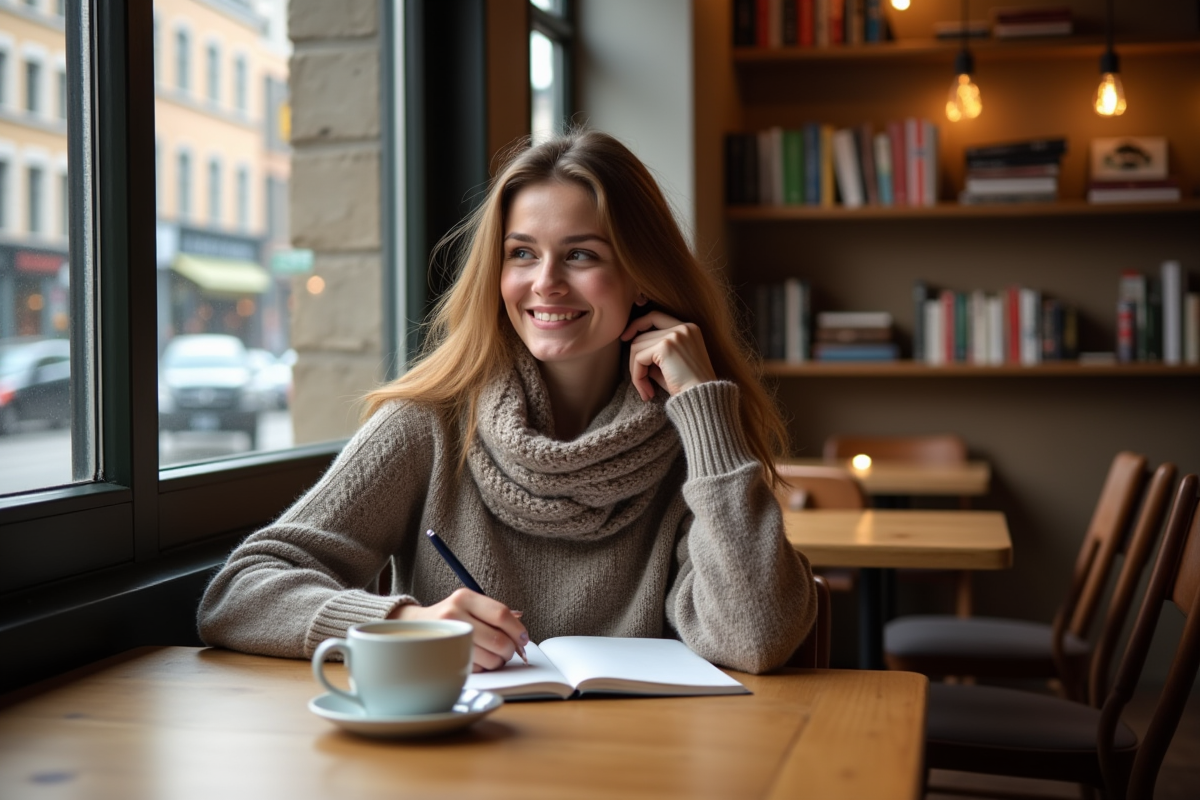 Femme écrivant dans un café cosy