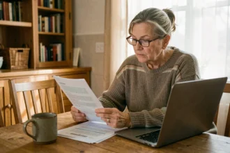 Femme de 58 ans consultant un simulateur de retraite sur ordinateur portable avec des documents imprimés sur la table