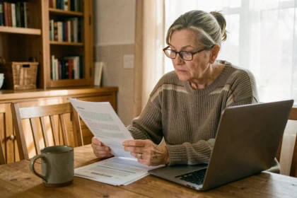 Femme de 58 ans consultant un simulateur de retraite sur ordinateur portable avec des documents imprimés sur la table