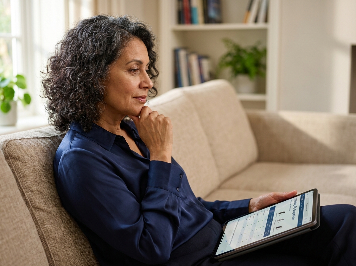 Femme d'âge mûr comparant des appareils auditifs sur une tablette dans son salon, pose réfléchie