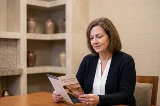 Femme réfléchissant à la crémation dans un salon funéraire