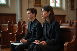 Femme et adolescent dans une église sombre et sobre