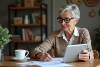 Femme d'âge moyen lisant des documents à la maison