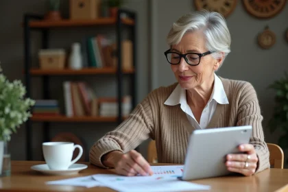 Femme d'âge moyen lisant des documents à la maison