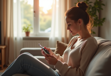 Femme lisant les instructions d'un coussin chauffant dans un salon lumineux