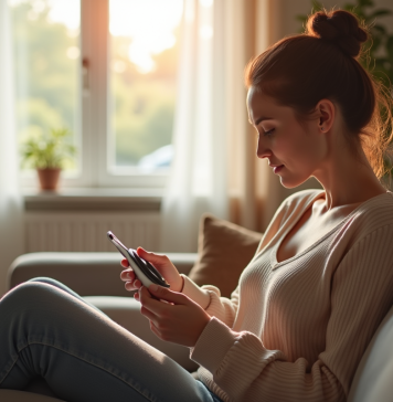Femme lisant les instructions d'un coussin chauffant dans un salon lumineux