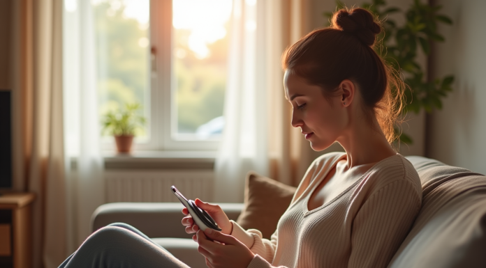 Femme lisant les instructions d'un coussin chauffant dans un salon lumineux