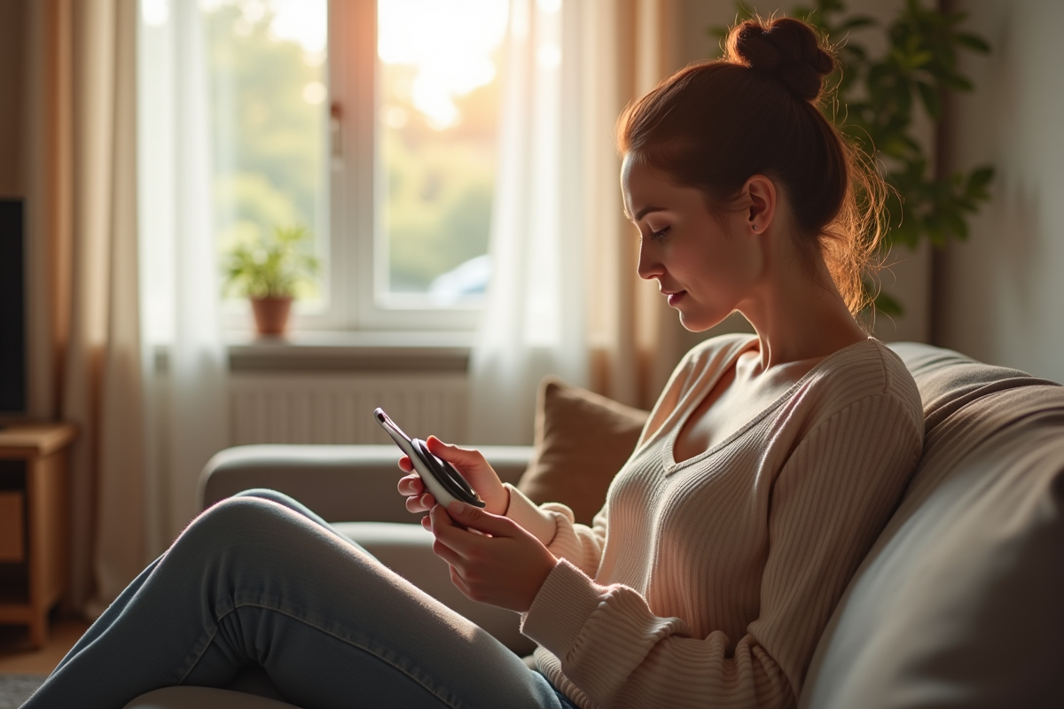 Femme lisant les instructions d'un coussin chauffant dans un salon lumineux