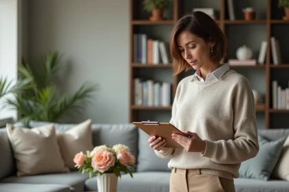 Femme dans un salon lisant un clipboard