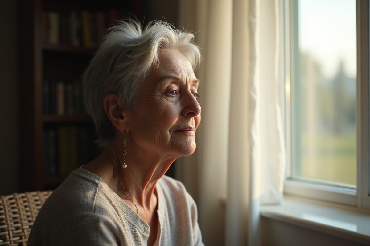 Femme mature aux cheveux gris assise près d