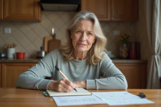 Femme d'âge moyen organisant ses papiers à la maison