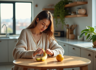 Banane au petit déjeuner : bon ou mauvais choix ? Jeune femme peignant une banane dans une cuisine lumineuse
