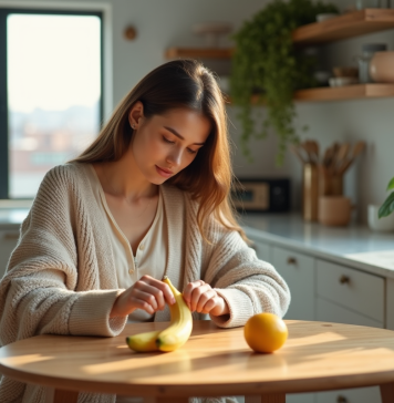 Banane au petit déjeuner : bon ou mauvais choix ? Jeune femme peignant une banane dans une cuisine lumineuse