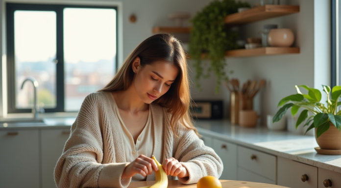 Jeune femme peignant une banane dans une cuisine lumineuse