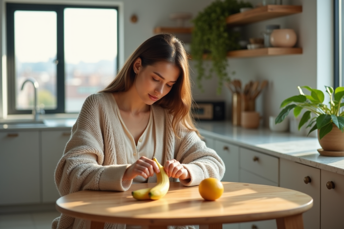femme-peel-banane-matin Jeune femme peignant une banane dans une cuisine lumineuse