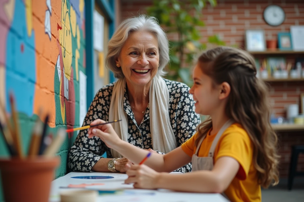 Seniore aidant une jeune fille à peindre une murale