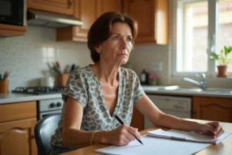 Femme d'âge moyen concentrée à la cuisine avec papiers