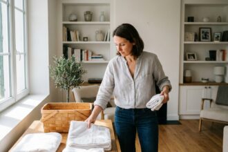 Femme rangeant des serviettes propres dans un panier en bois dans un salon ordonné à Bayonne, illustrant un intérieur bien entretenu grâce à un service de ménage à domicile