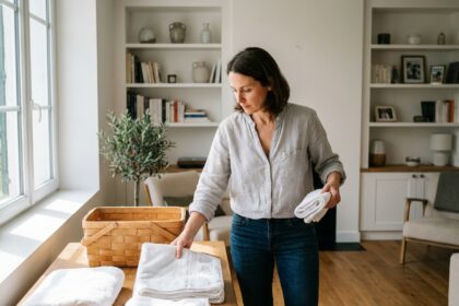 Femme rangeant des serviettes propres dans un panier en bois dans un salon ordonné à Bayonne, illustrant un intérieur bien entretenu grâce à un service de ménage à domicile