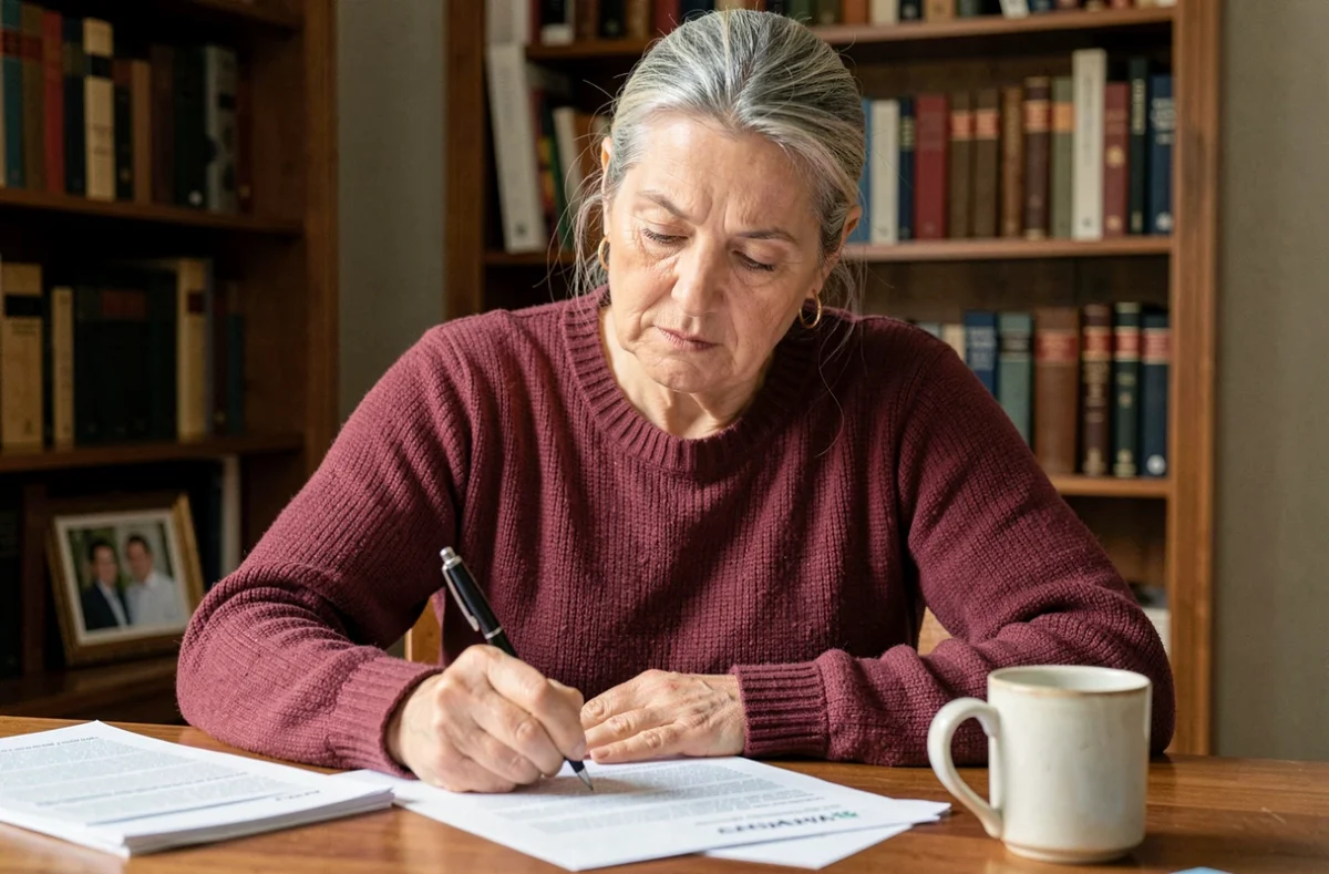 Femme en train d'écrire un discours de départ en retraite à son bureau avec papier et stylo