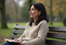 Femme assise sur un banc de parc au printemps