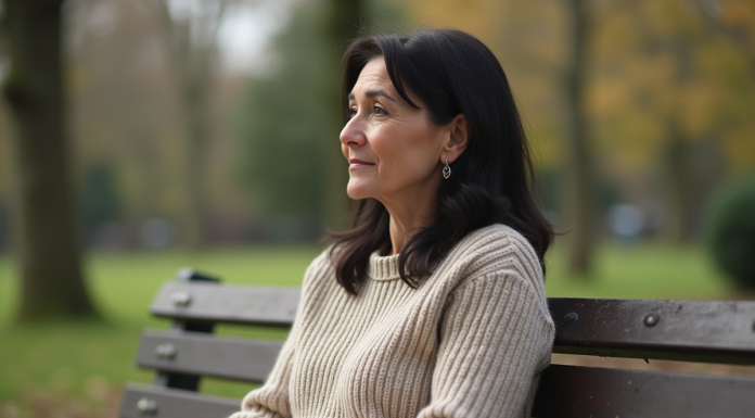 Femme assise sur un banc de parc au printemps