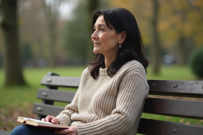 femme-refl-expression-printemps Femme assise sur un banc de parc au printemps