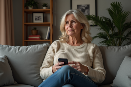 Femme d'âge moyen assise pensivement dans son salon
