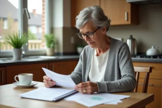 Femme de 58 ans examinant ses relevés de retraite Agirc-Arrco à la table de sa cuisine