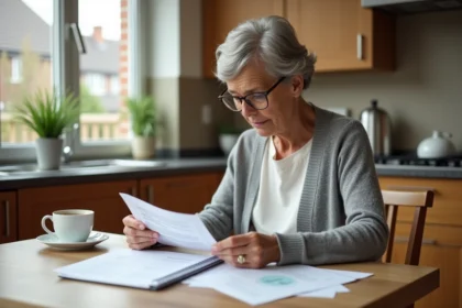 Femme de 58 ans examinant ses relevés de retraite Agirc-Arrco à la table de sa cuisine