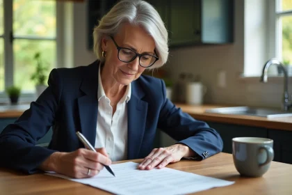 Femme en retraite examinant des papiers dans la cuisine