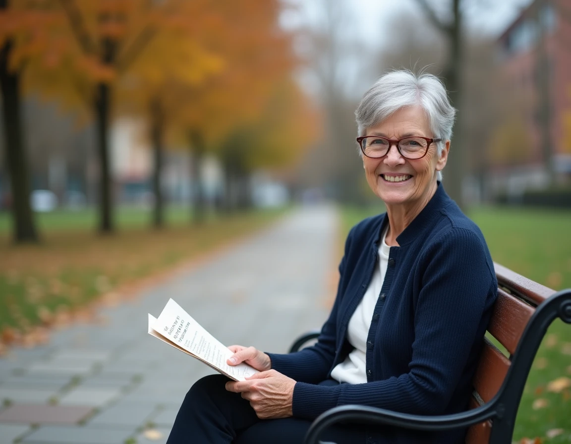 Femme retraitée sereine lisant une brochure de mutuelle dans un parc en automne