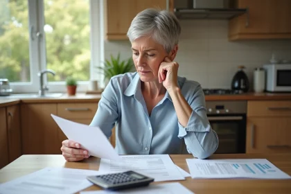 Femme d'âge moyen examinant ses papiers de retraite à la maison