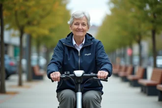 Femme en situation de handicap conduisant un scooter électrique PMR sur un chemin piétonnier urbain accessible