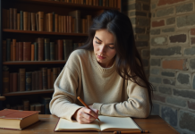 Femme concentrée écrivant dans un carnet en intérieur