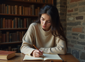 Femme concentrée écrivant dans un carnet en intérieur