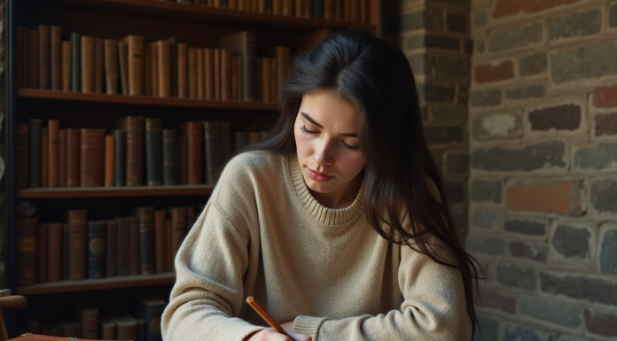 Femme concentrée écrivant dans un carnet en intérieur