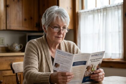 Femme âgée examinant une brochure sur les appareils auditifs à la table de sa cuisine, expression réfléchie