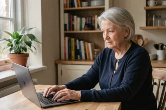 Femme senior utilisant son ordinateur portable pour accéder à son compte Agirc Arrco via France Connect depuis son domicile