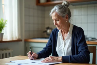 Femme senior consultant ses documents de retraite à la table de cuisine, plafond retraite 2026